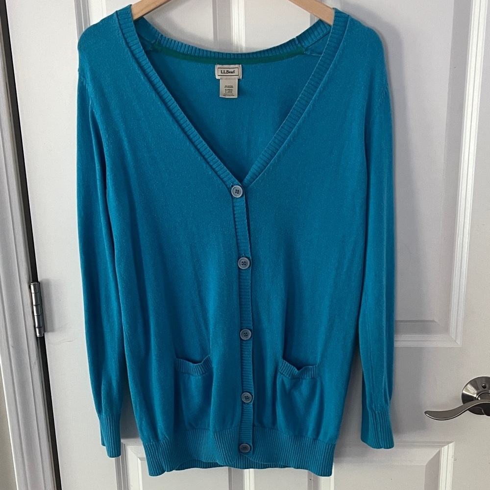 L.L. Bean Cotton Cashmere Teal Button-Up Grandpa Cardigan Sz small